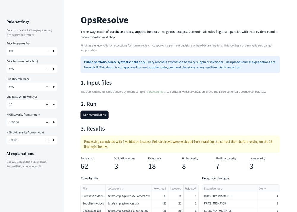 OpsResolve AI demo showing rows read, validation issues and exceptions by severity